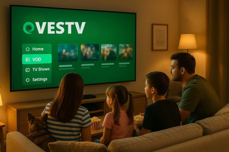 Happy family of four with a small dog watching EVESTV on a front-facing TV that displays a sleek green VOD playlist interface.